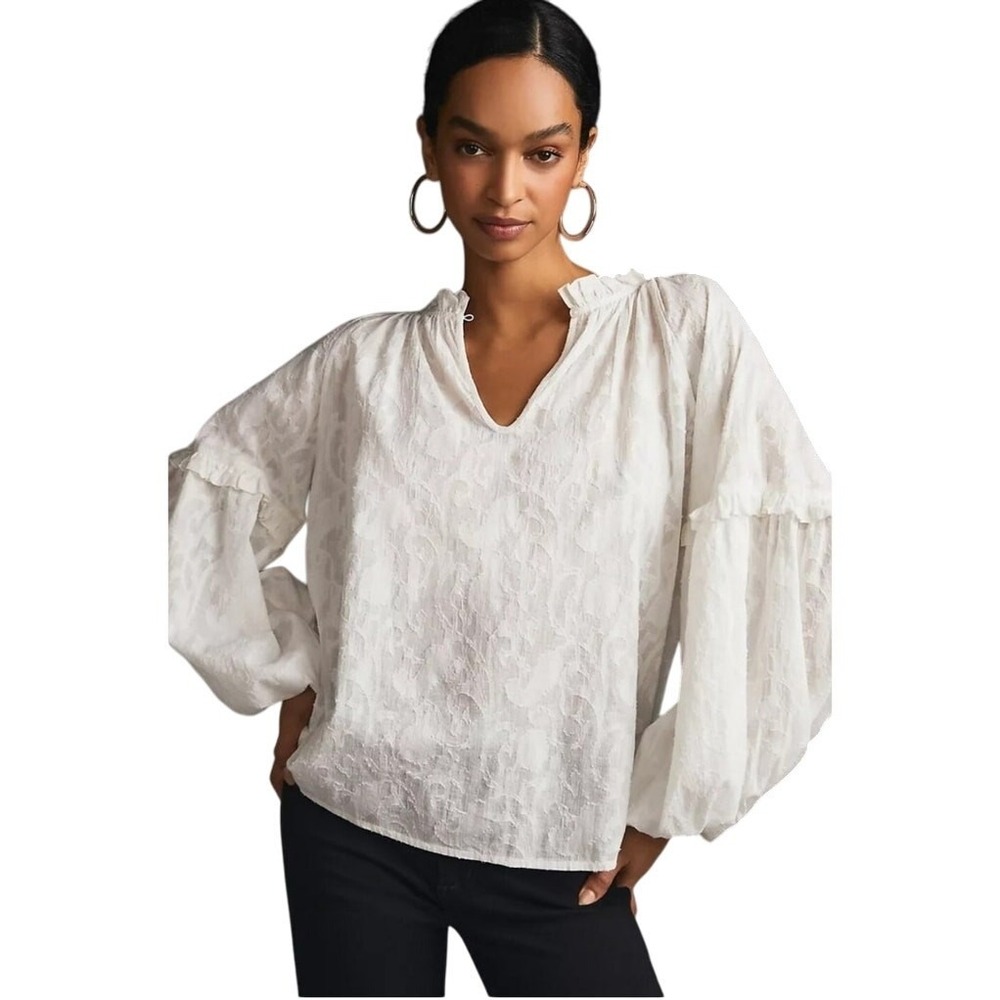 Forever That Girl White Textured Ruffle Peasant Blouse Lantern Sleeve Large